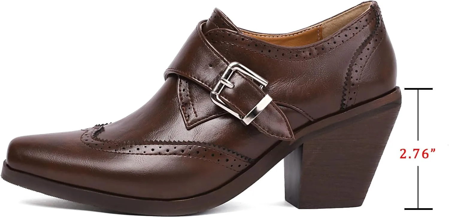 SHEMEE Women's Monk Strap Oxfords Loafers Shoes Chunky Heels Almond Square Toe Vintage Wingtip Brogues British Buckled Business Dress Pumps