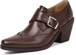 SHEMEE Women's Monk Strap Oxfords Loafers Shoes Chunky Heels Almond Square Toe Vintage Wingtip Brogues British Buckled Business Dress Pumps