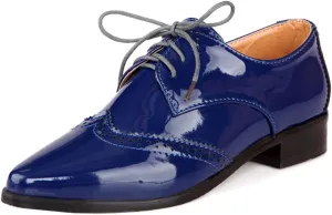 SHEMEE Women's Patent Leather Low Heels Vintage Wingtip Oxfords Pumps Lace Up Pointed Toe Flat Retro Brogues Dress Shoes