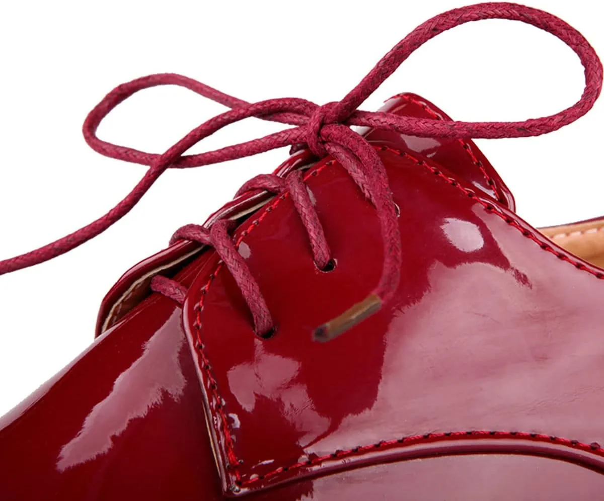 SHEMEE Women's Patent Leather Low Heels Vintage Wingtip Oxfords Pumps Lace Up Pointed Toe Flat Retro Brogues Dress Shoes