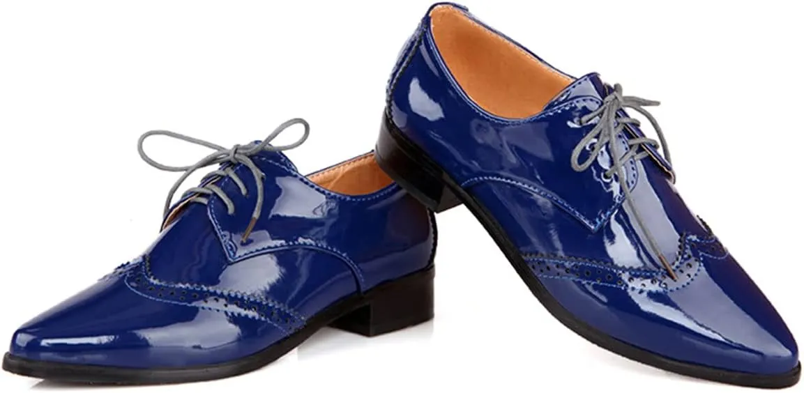 SHEMEE Women's Patent Leather Low Heels Vintage Wingtip Oxfords Pumps Lace Up Pointed Toe Flat Retro Brogues Dress Shoes