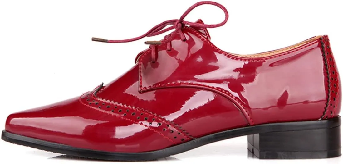 SHEMEE Women's Patent Leather Low Heels Vintage Wingtip Oxfords Pumps Lace Up Pointed Toe Flat Retro Brogues Dress Shoes