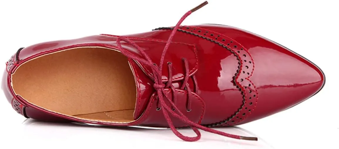SHEMEE Women's Patent Leather Low Heels Vintage Wingtip Oxfords Pumps Lace Up Pointed Toe Flat Retro Brogues Dress Shoes