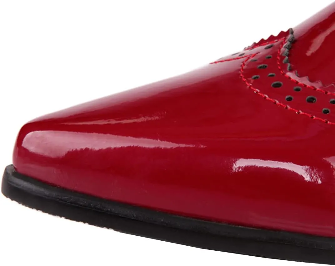 SHEMEE Women's Patent Leather Low Heels Vintage Wingtip Oxfords Pumps Lace Up Pointed Toe Flat Retro Brogues Dress Shoes