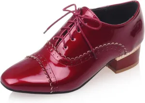 SHEMEE Women's Patent Leather Pointed Toe Flat Oxfords Pumps Vintage Wingtip Low Heels Lace Up Retro Brogues Dress Shoes