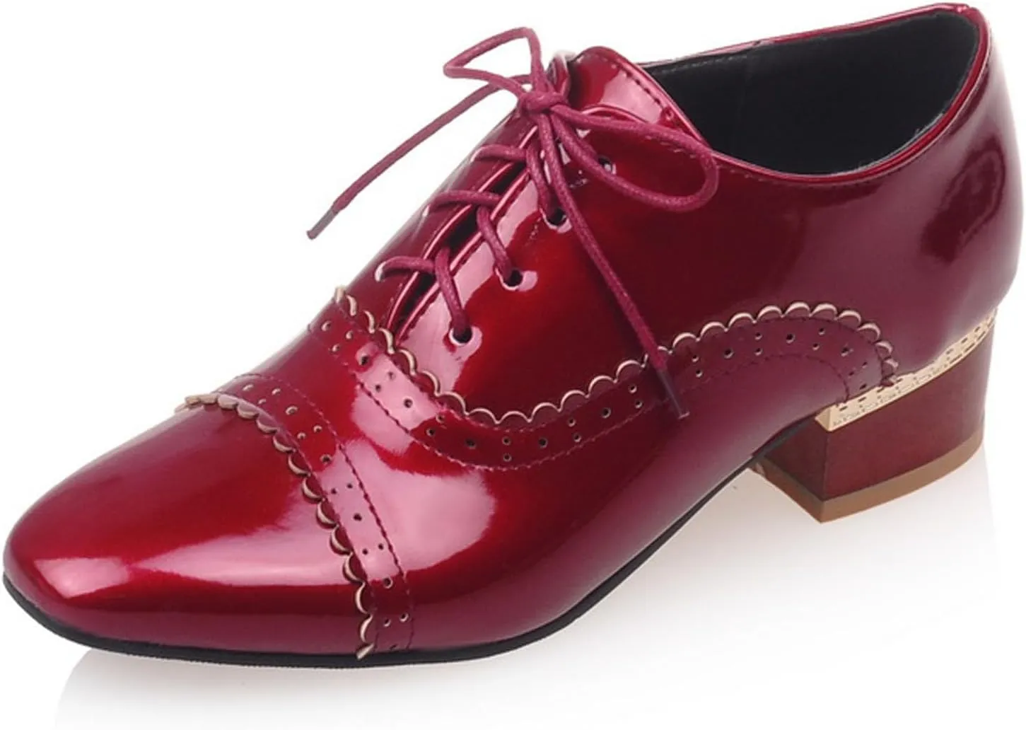 SHEMEE Women's Patent Leather Pointed Toe Flat Oxfords Pumps Vintage Wingtip Low Heels Lace Up Retro Brogues Dress Shoes