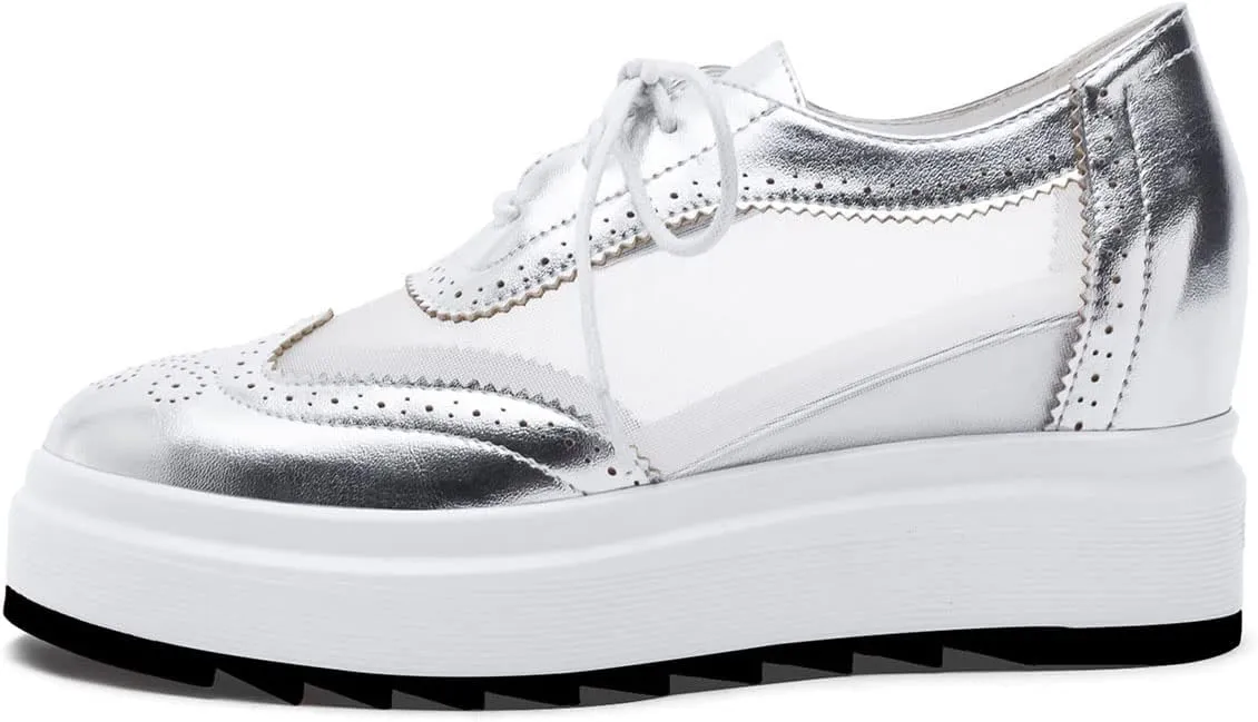 SHEMEE Women's Platform Hidden Wedge Lace Up Oxfords Pumps Wingtip High Heels Round Toe Mesh Brogues Sneaker Shoes