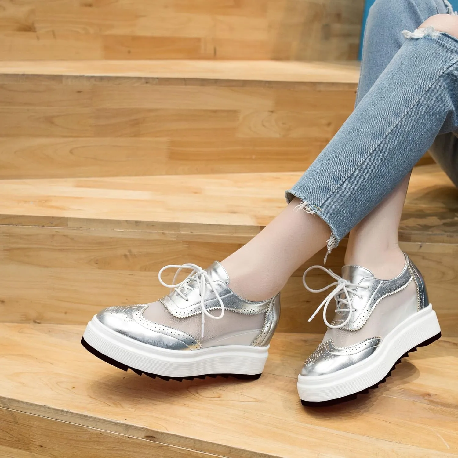 SHEMEE Women's Platform Hidden Wedge Lace Up Oxfords Pumps Wingtip High Heels Round Toe Mesh Brogues Sneaker Shoes