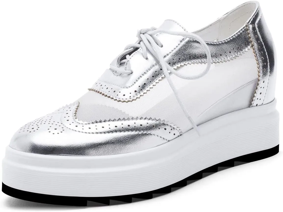 SHEMEE Women's Platform Hidden Wedge Lace Up Oxfords Pumps Wingtip High Heels Round Toe Mesh Brogues Sneaker Shoes