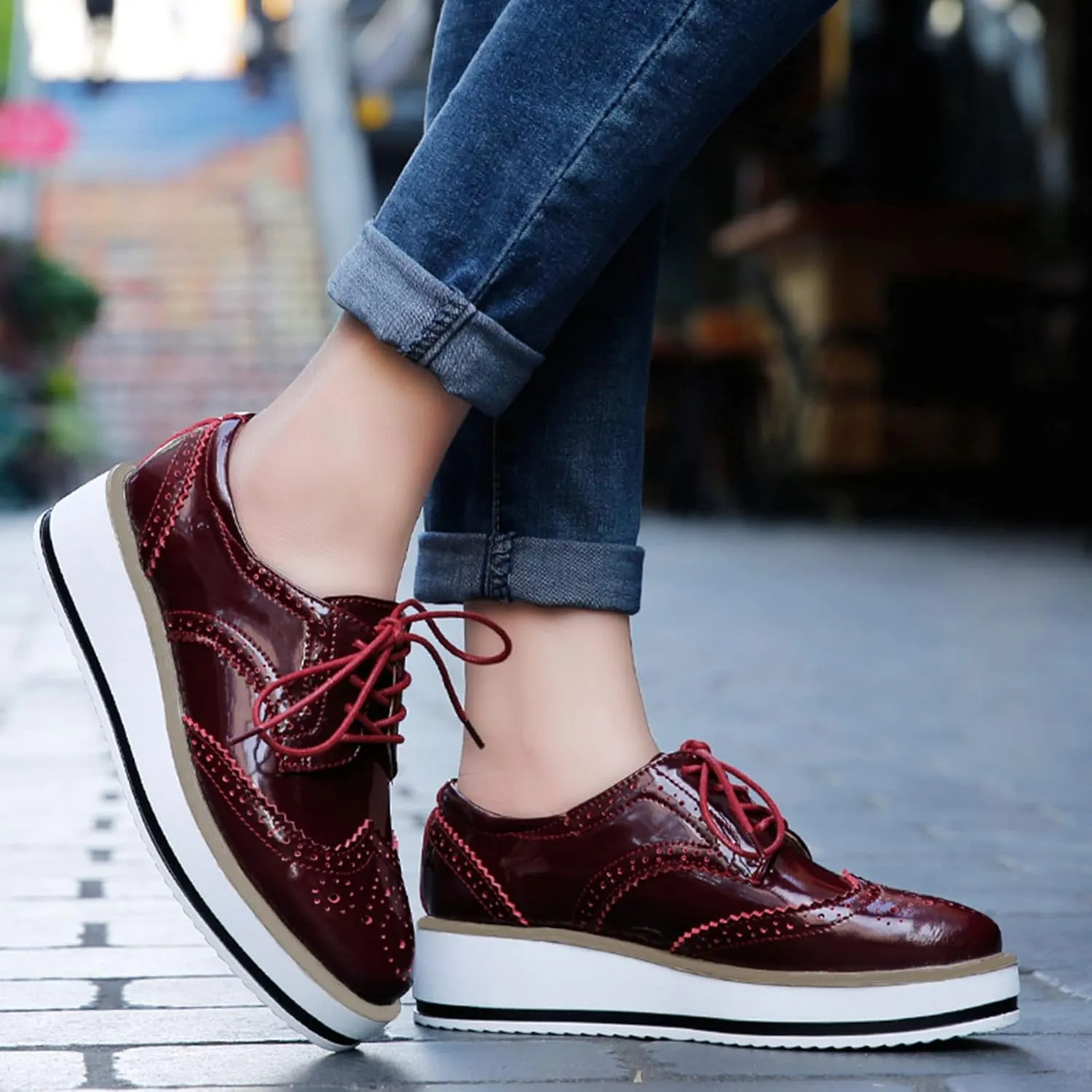 SHEMEE Women's Platform Low Heels Flat Lace Up Wingtip Oxfords Pumps Wedge Vintage Round Toe Brogues Dress Shoes