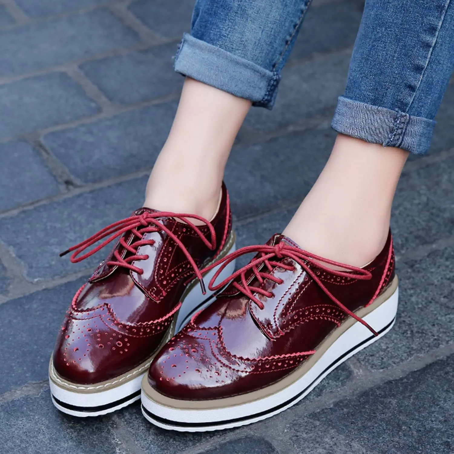 SHEMEE Women's Platform Low Heels Flat Lace Up Wingtip Oxfords Pumps Wedge Vintage Round Toe Brogues Dress Shoes