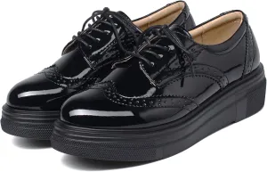 SHEMEE Women's Platform Patent Leather Lace Up Oxfords Pumps Vintage Wingtip Mid Heels Round Toe Brogues Flat Dress Shoes