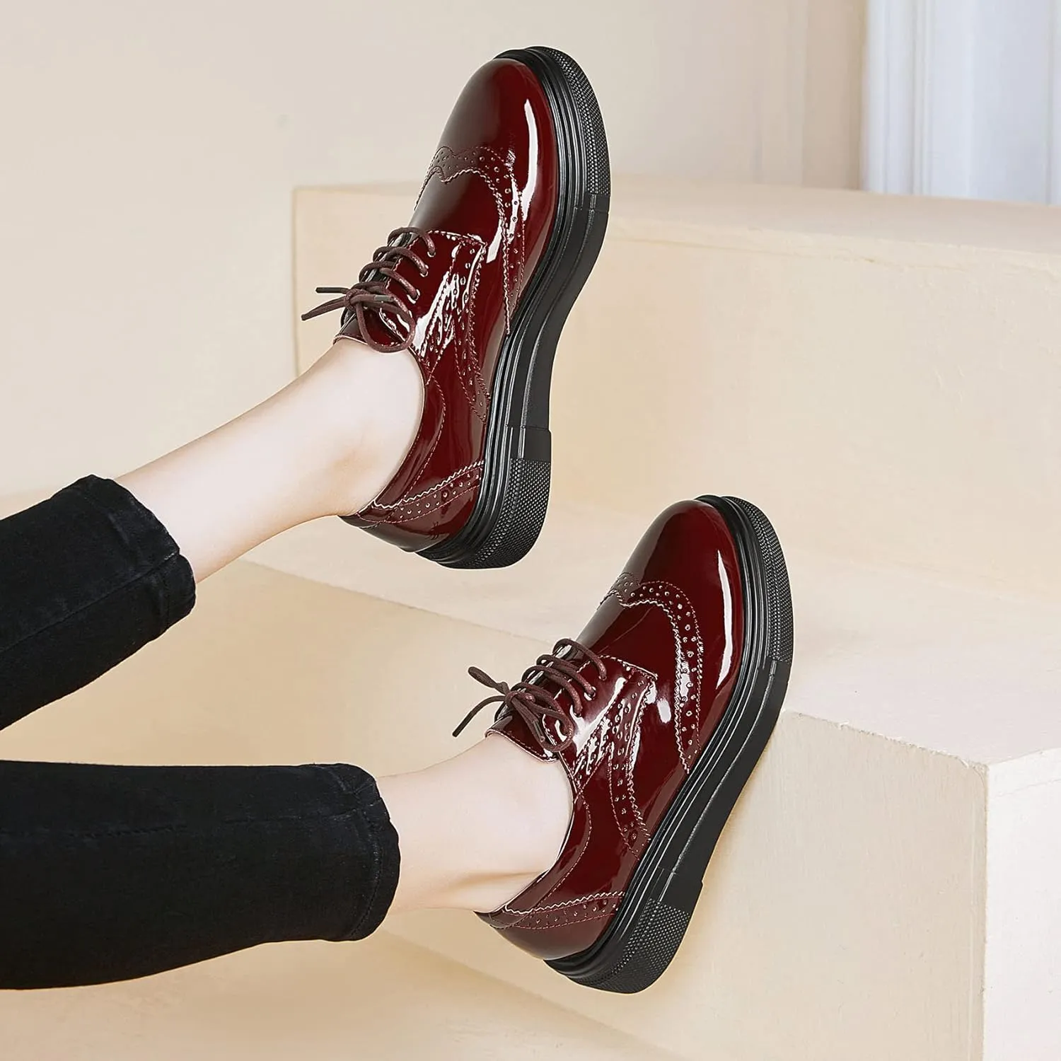 SHEMEE Women's Platform Patent Leather Lace Up Oxfords Pumps Vintage Wingtip Mid Heels Round Toe Brogues Flat Dress Shoes