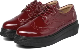 SHEMEE Women's Platform Patent Leather Lace Up Oxfords Pumps Vintage Wingtip Mid Heels Round Toe Brogues Flat Dress Shoes