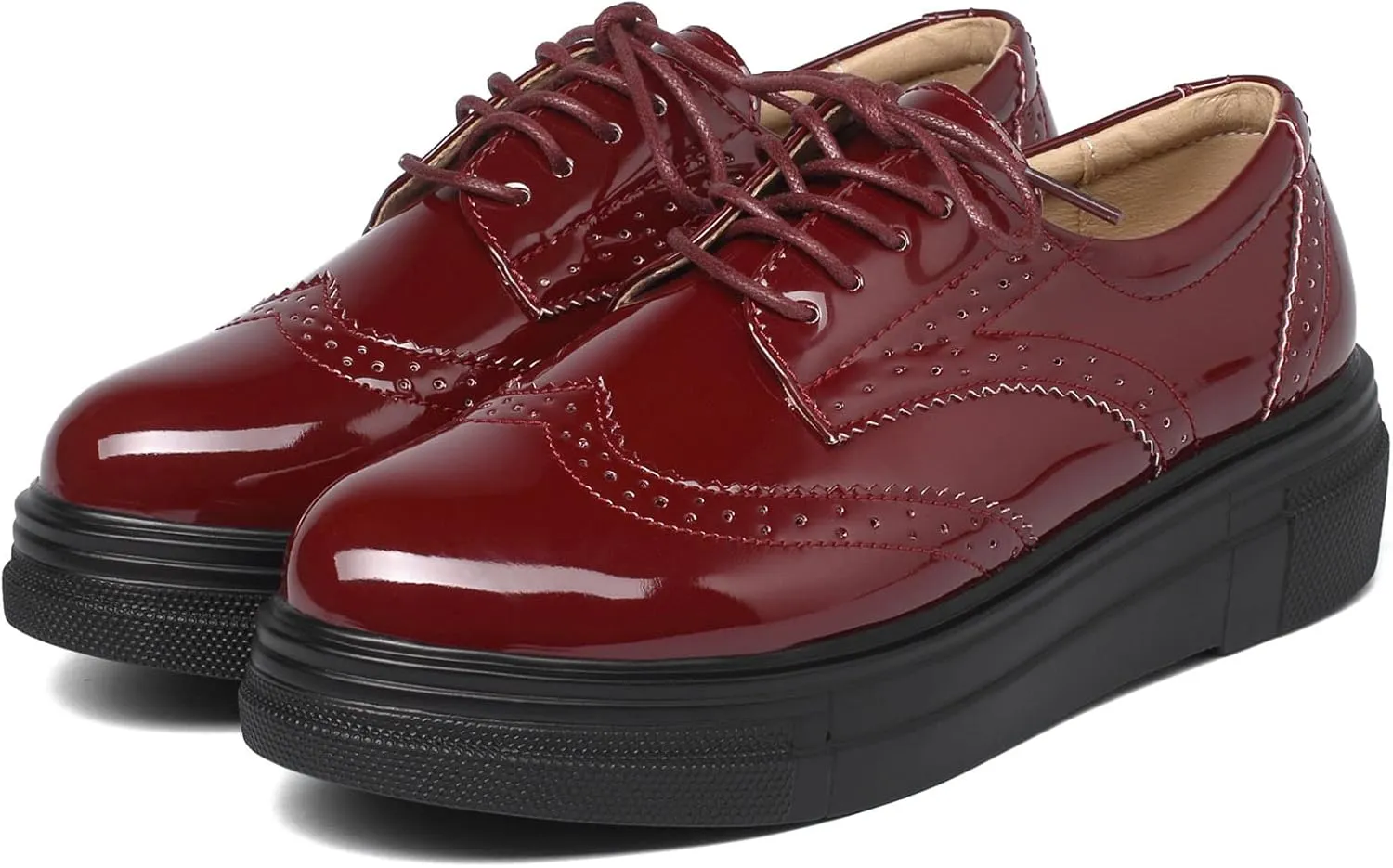 SHEMEE Women's Platform Patent Leather Lace Up Oxfords Pumps Vintage Wingtip Mid Heels Round Toe Brogues Flat Dress Shoes
