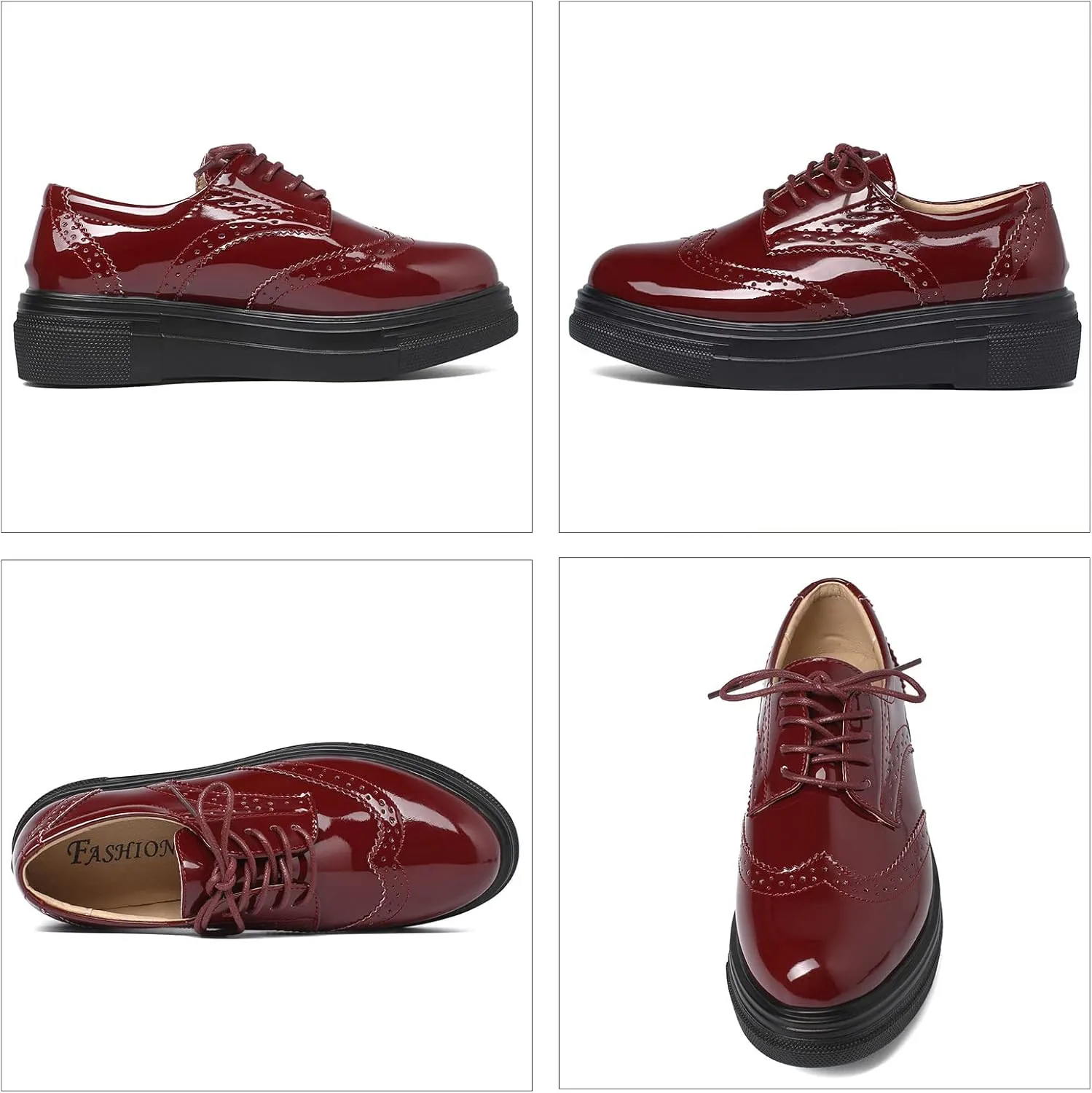 SHEMEE Women's Platform Patent Leather Lace Up Oxfords Pumps Vintage Wingtip Mid Heels Round Toe Brogues Flat Dress Shoes