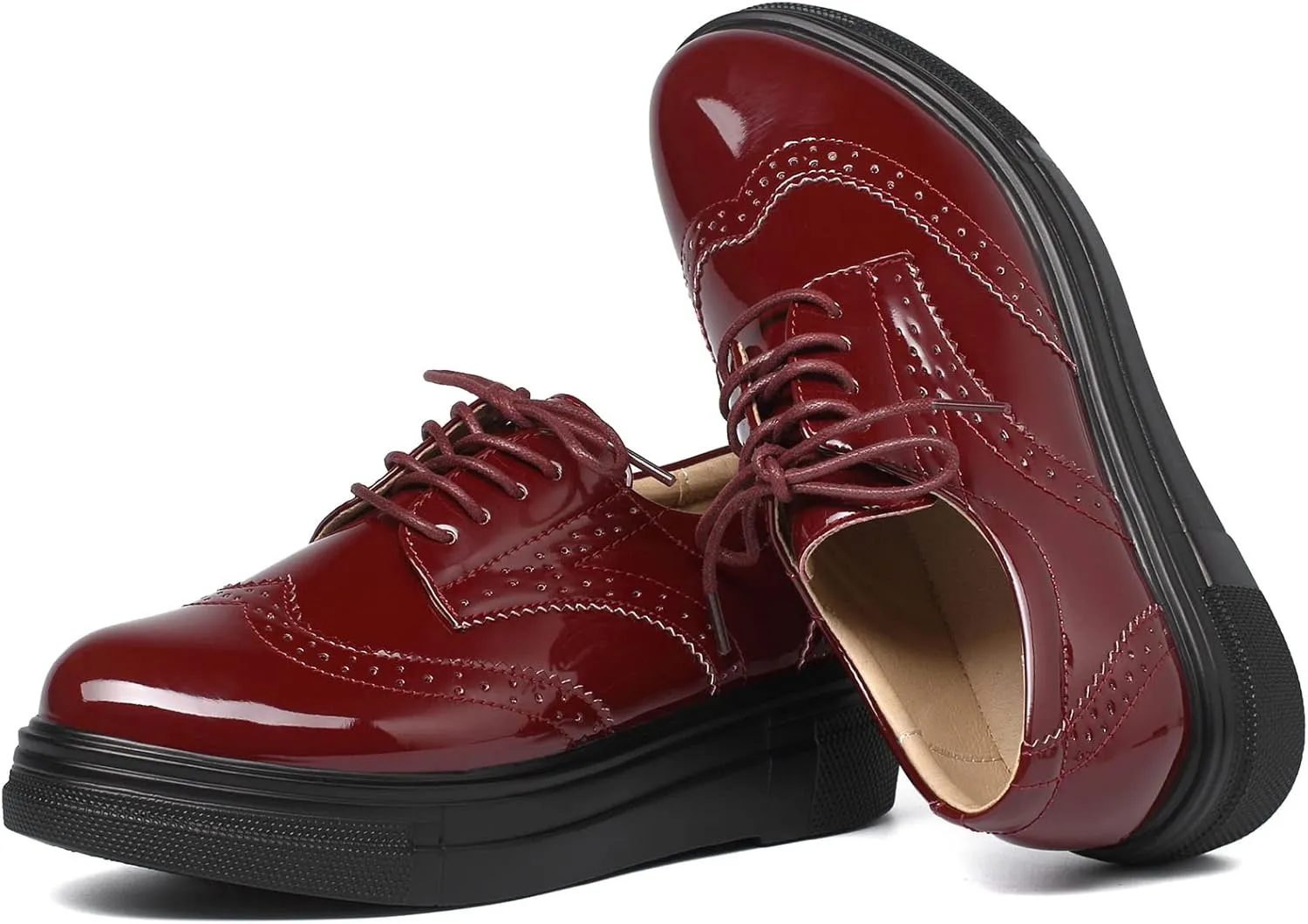 SHEMEE Women's Platform Patent Leather Lace Up Oxfords Pumps Vintage Wingtip Mid Heels Round Toe Brogues Flat Dress Shoes