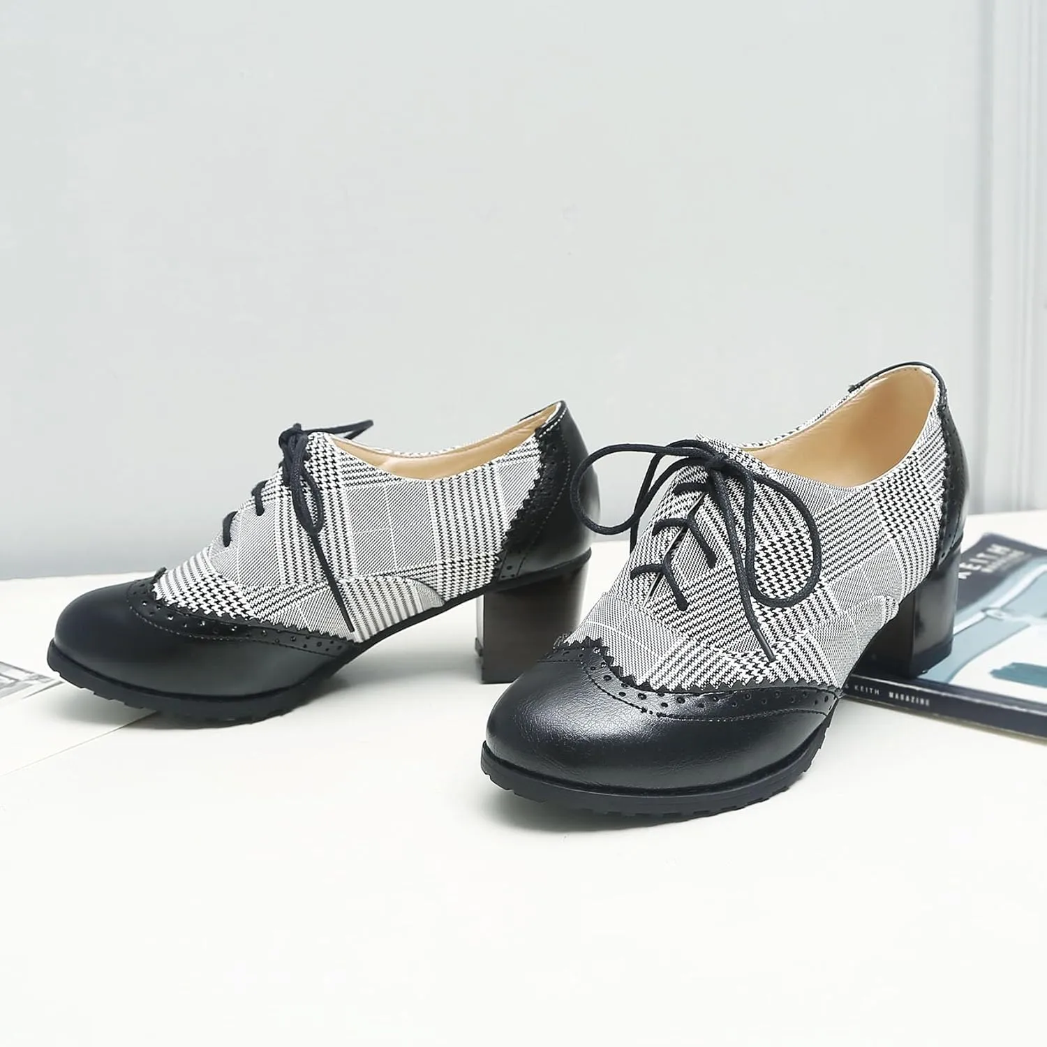 SHEMEE Women's Retro Wingtip Block Heel Lace Up Oxfords Stacked Chunky High Heels Pumps Vintage Round Toe Brogues Dress Shoes