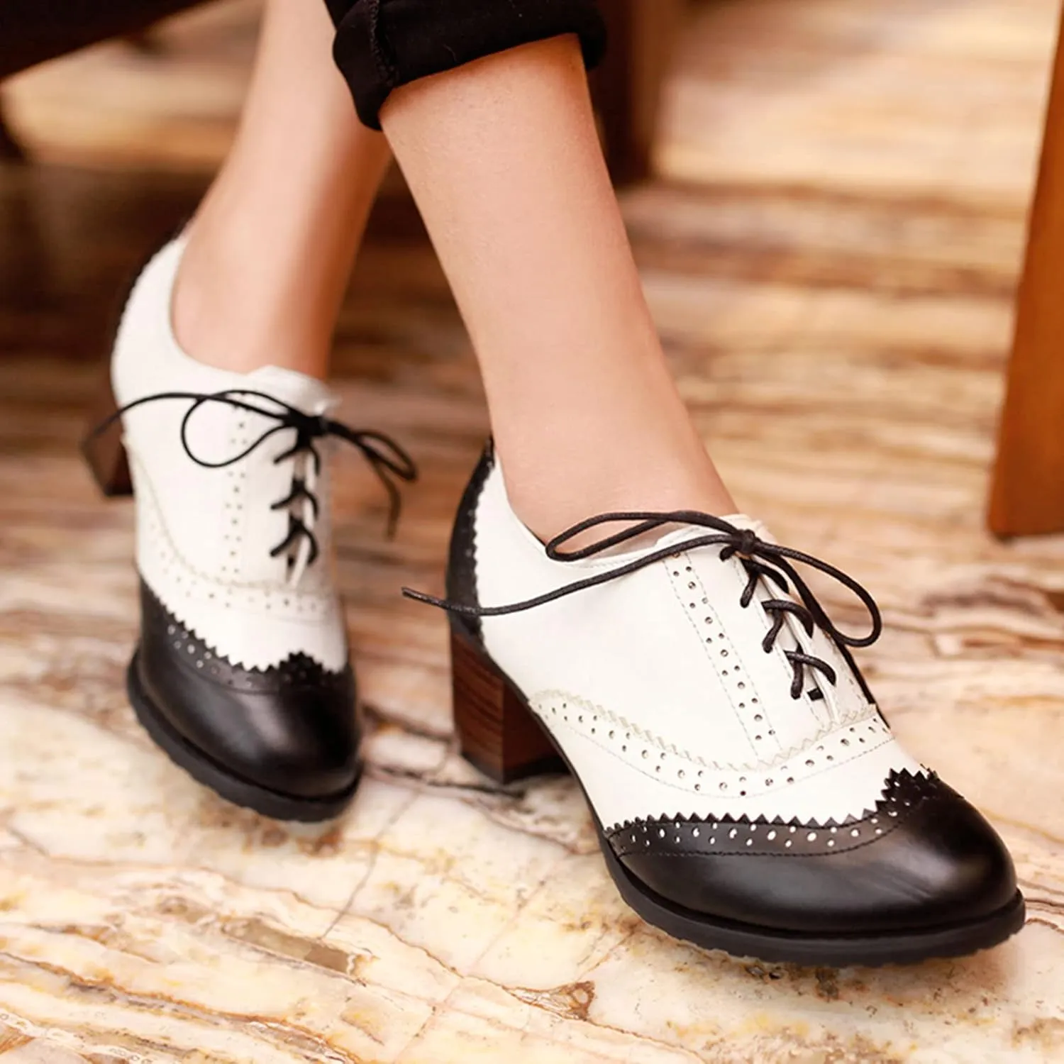 SHEMEE Women's Retro Wingtip Block Heel Lace Up Oxfords Stacked Chunky High Heels Pumps Vintage Round Toe Brogues Dress Shoes