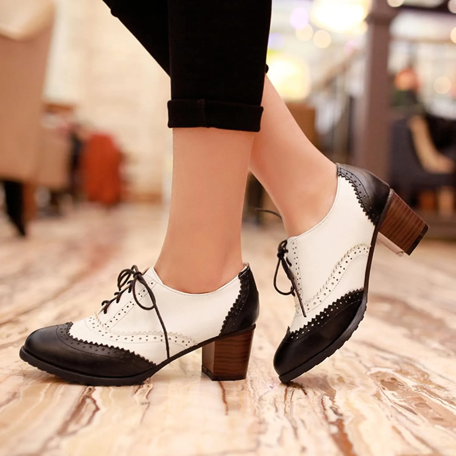 SHEMEE Women's Retro Wingtip Block Heel Lace Up Oxfords Stacked Chunky High Heels Pumps Vintage Round Toe Brogues Dress Shoes