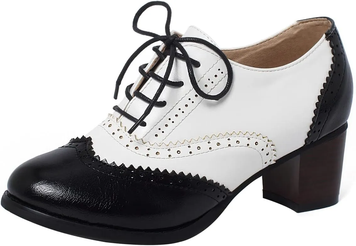 SHEMEE Women's Retro Wingtip Block Heel Lace Up Oxfords Stacked Chunky High Heels Pumps Vintage Round Toe Brogues Dress Shoes