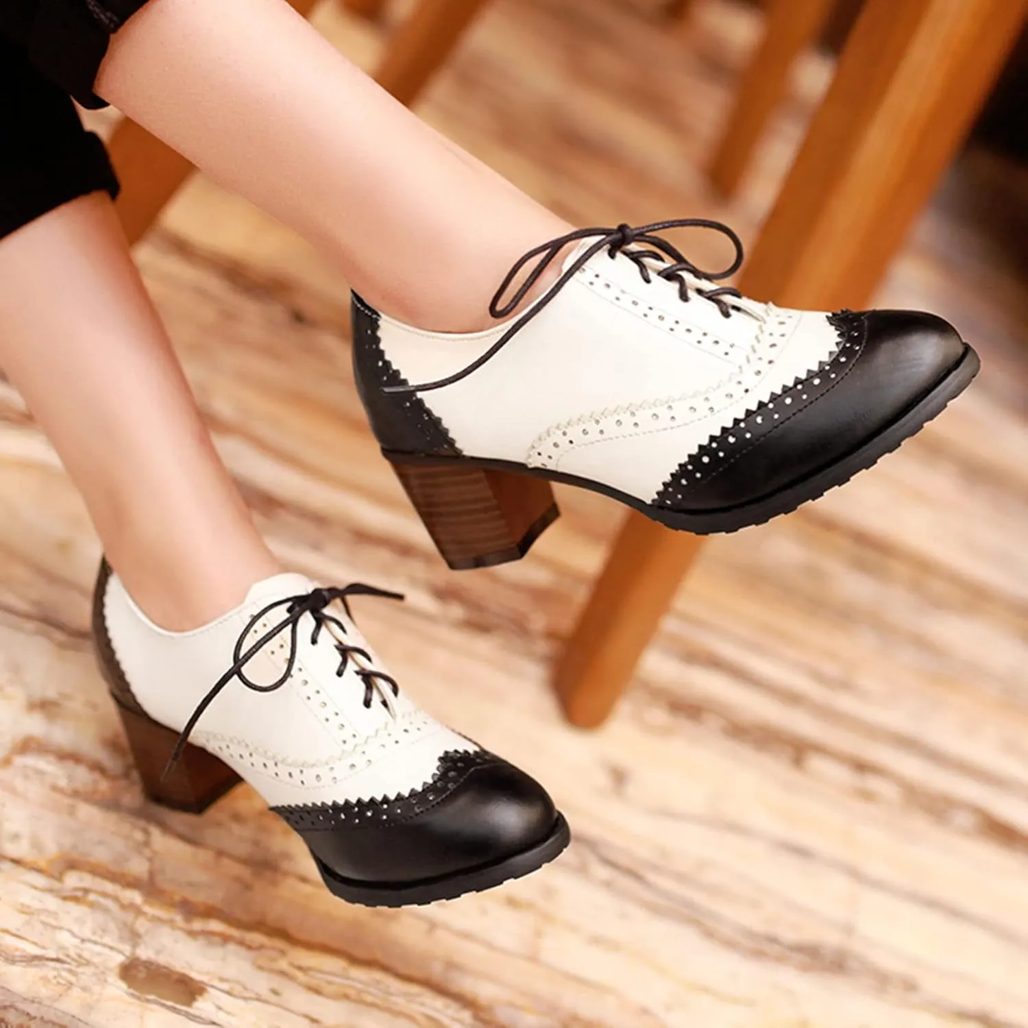 SHEMEE Women's Retro Wingtip Block Heel Lace Up Oxfords Stacked Chunky High Heels Pumps Vintage Round Toe Brogues Dress Shoes