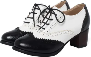 SHEMEE Women's Retro Wingtip Block Heel Lace Up Oxfords Stacked Chunky High Heels Pumps Vintage Round Toe Brogues Dress Shoes