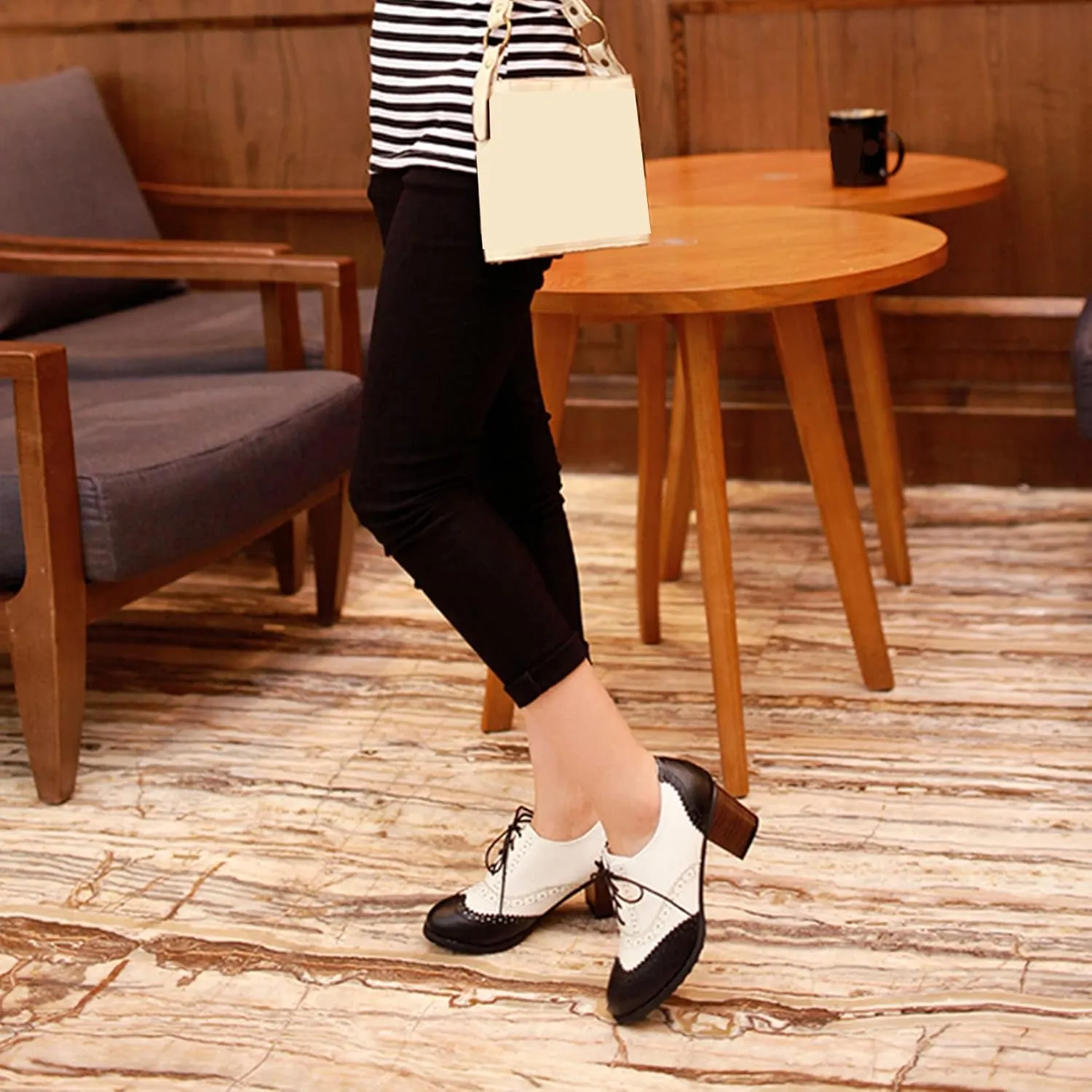 SHEMEE Women's Retro Wingtip Block Heel Lace Up Oxfords Stacked Chunky High Heels Pumps Vintage Round Toe Brogues Dress Shoes