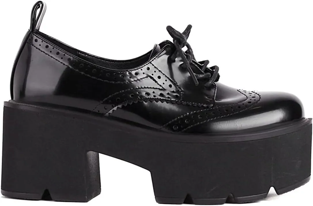 SHEMEE Women's Vintage Wingtip Oxfords Pumps Chunky Platform Block High Heel Round Toe Lace Up Gothic Brogue Shoes