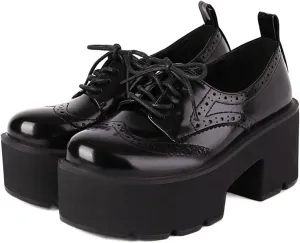 SHEMEE Women's Vintage Wingtip Oxfords Pumps Chunky Platform Block High Heel Round Toe Lace Up Gothic Brogue Shoes