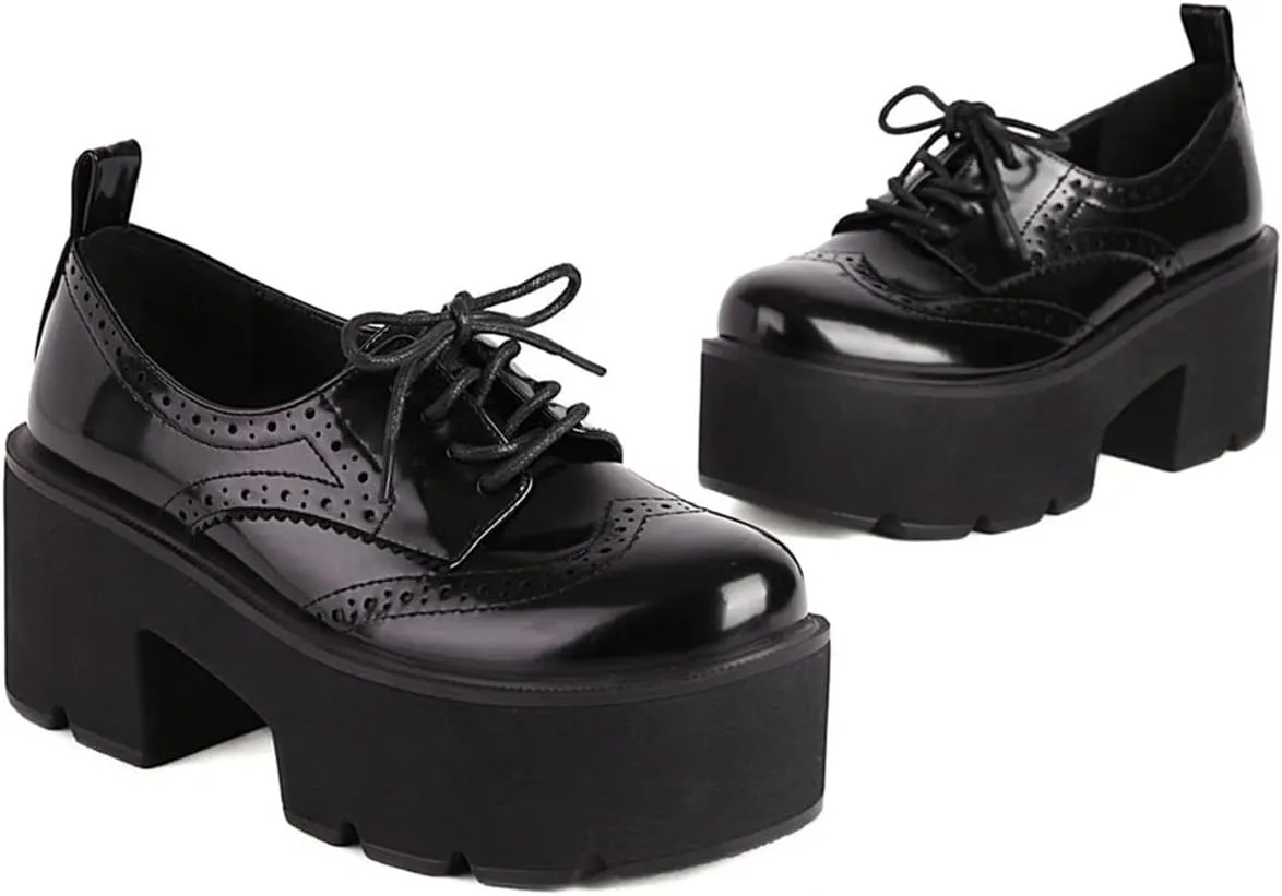 SHEMEE Women's Vintage Wingtip Oxfords Pumps Chunky Platform Block High Heel Round Toe Lace Up Gothic Brogue Shoes
