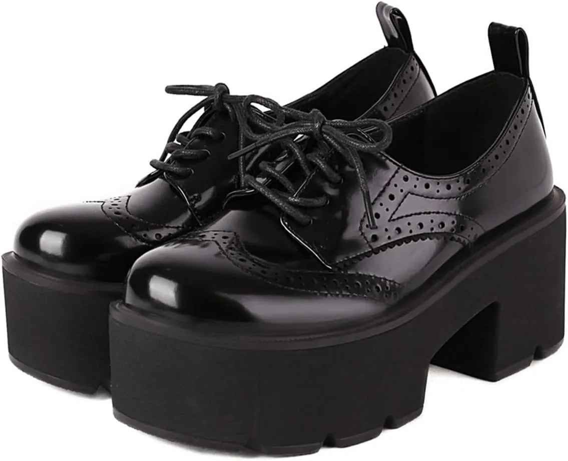 SHEMEE Women's Vintage Wingtip Oxfords Pumps Chunky Platform Block High Heel Round Toe Lace Up Gothic Brogue Shoes