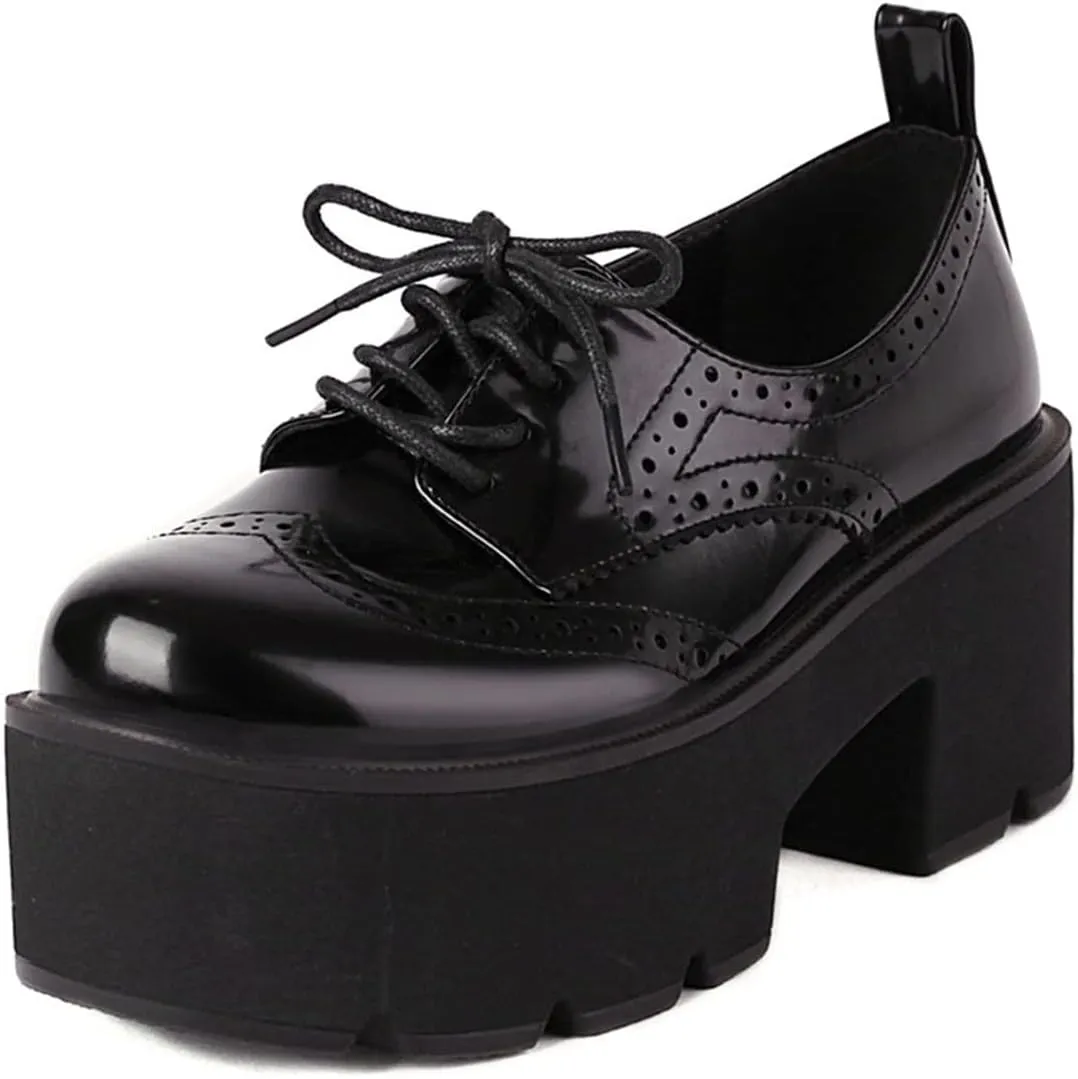 SHEMEE Women's Vintage Wingtip Oxfords Pumps Chunky Platform Block High Heel Round Toe Lace Up Gothic Brogue Shoes