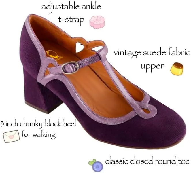 SHODENSE Women Chunky High Heel Mary Jane Shoes Ankle T-strap Round Toe Mary Jane Pumps Suede 3 inch Block Heel Dress Sandals Closed Toe Buckle Retro Wedding Party Office 4-11 M US