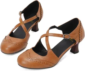 SHODENSE Women Kitten Heels Mary Jane Oxford Shoes Round Closed Toe Ankle Strap Dress Sandals Cutout Mid Block Heel Mary Jane Pumps Matte Criss-Cross Strappy Pumps Office Ladies Work Party 4-17 M US