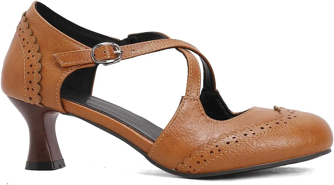 SHODENSE Women Kitten Heels Mary Jane Oxford Shoes Round Closed Toe Ankle Strap Dress Sandals Cutout Mid Block Heel Mary Jane Pumps Matte Criss-Cross Strappy Pumps Office Ladies Work Party 4-17 M US