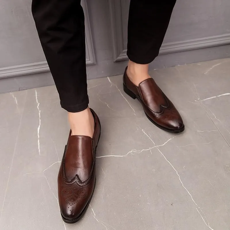 Shoes Dress Oxford for Men Slip On Pointed Burnished Toe Brogue Embossed Wing tip PU Leather Rubber Sole Resistant Non Slip Low Top Block Heel
