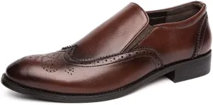 Shoes Dress Oxford for Men Slip On Pointed Burnished Toe Brogue Embossed Wing tip PU Leather Rubber Sole Resistant Non Slip Low Top Block Heel