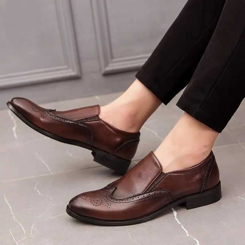 Shoes Dress Oxford for Men Slip On Pointed Burnished Toe Brogue Embossed Wing tip PU Leather Rubber Sole Resistant Non Slip Low Top Block Heel