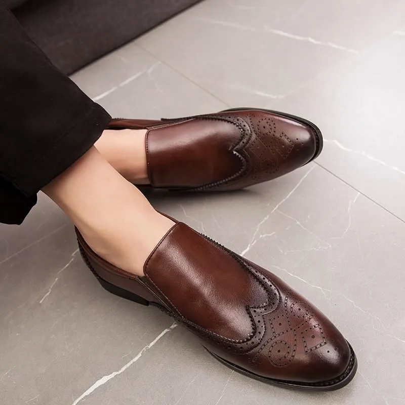 Shoes Dress Oxford for Men Slip On Pointed Burnished Toe Brogue Embossed Wing tip PU Leather Rubber Sole Resistant Non Slip Low Top Block Heel