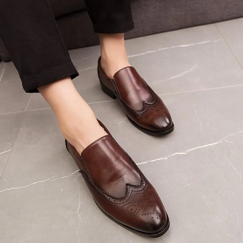 Shoes Dress Oxford for Men Slip On Pointed Burnished Toe Brogue Embossed Wing tip PU Leather Rubber Sole Resistant Non Slip Low Top Block Heel