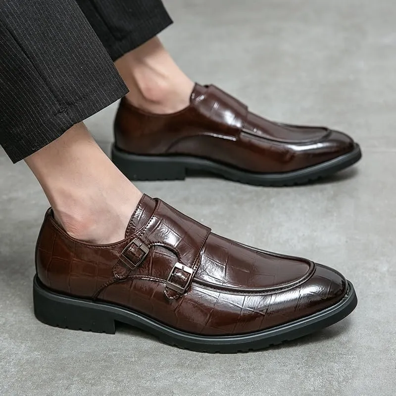 Shoes Dress Oxford for Men Slip On Round Toe PU Leather Apron Toe Double Monk Strap Block Heel Non Slip Anti-Slip Rubber Sole Working