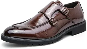 Shoes Dress Oxford for Men Slip On Round Toe PU Leather Apron Toe Double Monk Strap Block Heel Non Slip Anti-Slip Rubber Sole Working