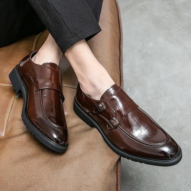 Shoes Dress Oxford for Men Slip On Round Toe PU Leather Apron Toe Double Monk Strap Block Heel Non Slip Anti-Slip Rubber Sole Working