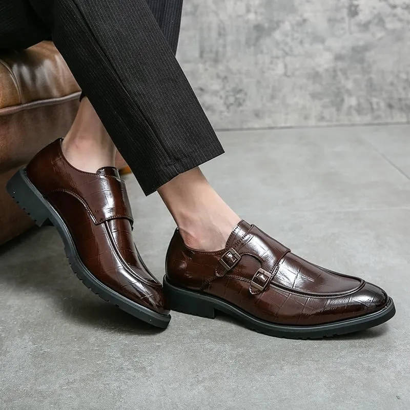 Shoes Dress Oxford for Men Slip On Round Toe PU Leather Apron Toe Double Monk Strap Block Heel Non Slip Anti-Slip Rubber Sole Working