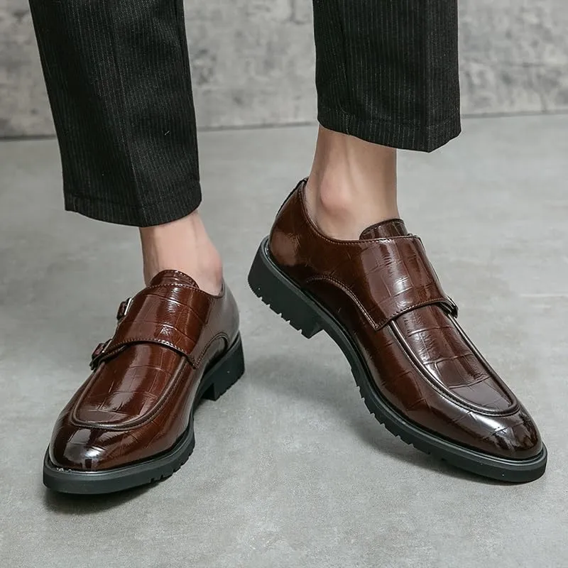 Shoes Dress Oxford for Men Slip On Round Toe PU Leather Apron Toe Double Monk Strap Block Heel Non Slip Anti-Slip Rubber Sole Working