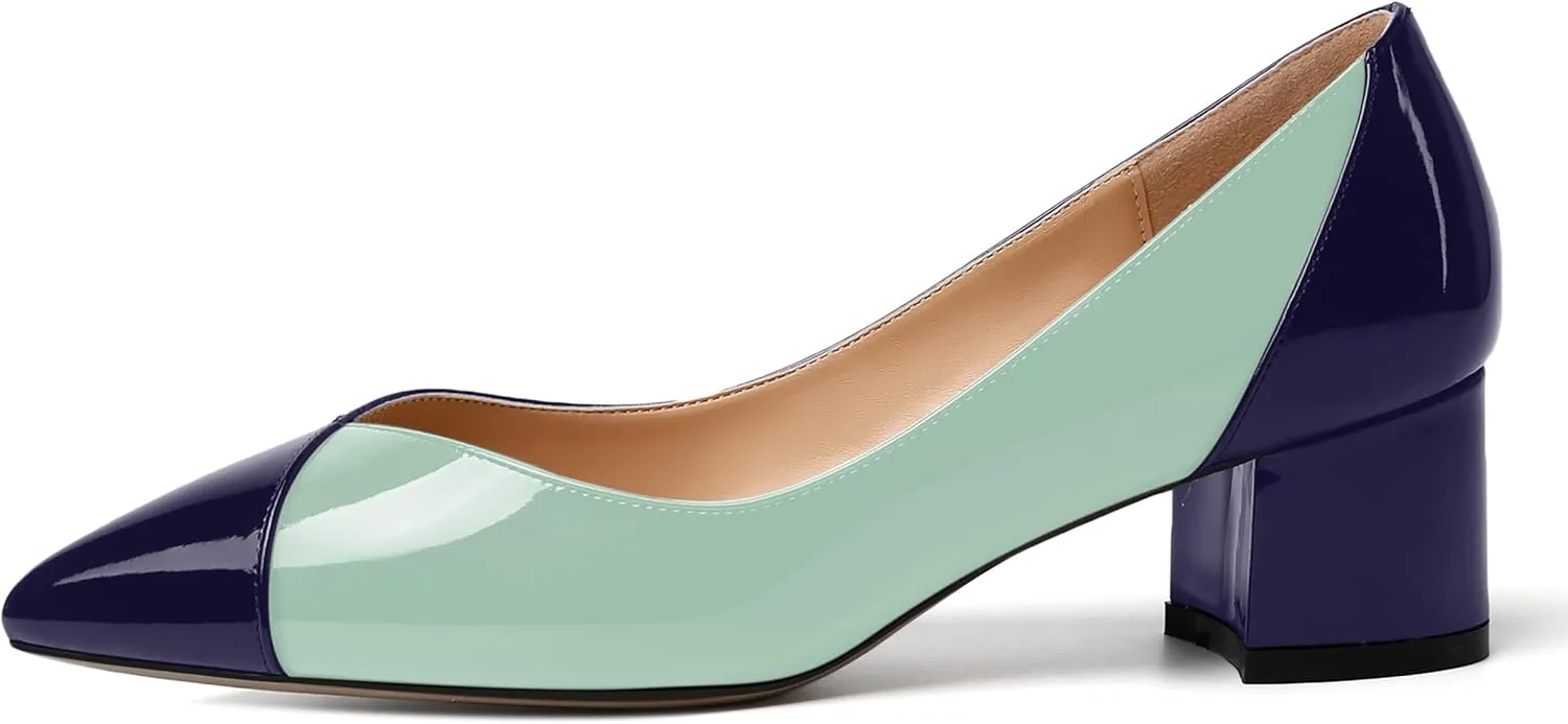 SHOWFOREST Women's Formal Patent Slip On Office Pointed Toe Solid Chunky Low Heel Pumps Shoes 2 Inch