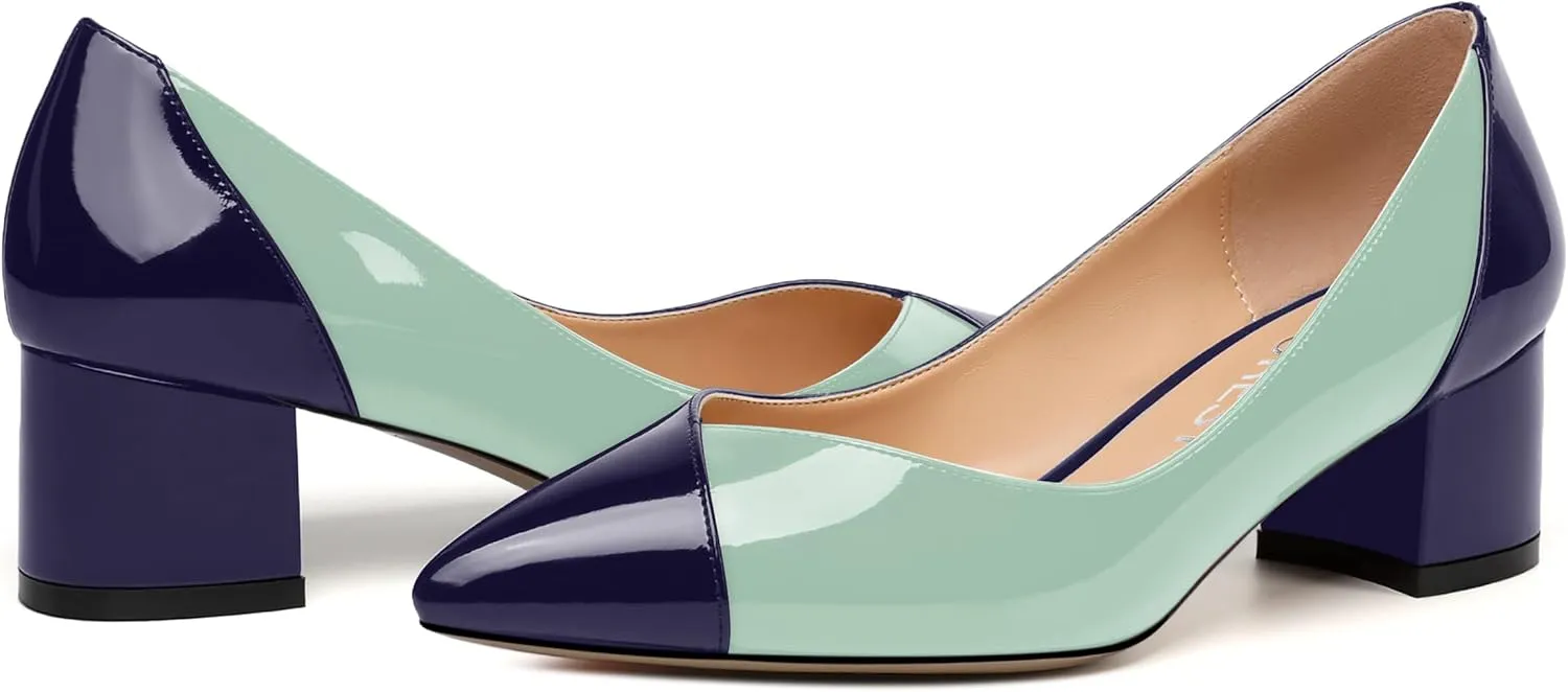 SHOWFOREST Women's Formal Patent Slip On Office Pointed Toe Solid Chunky Low Heel Pumps Shoes 2 Inch