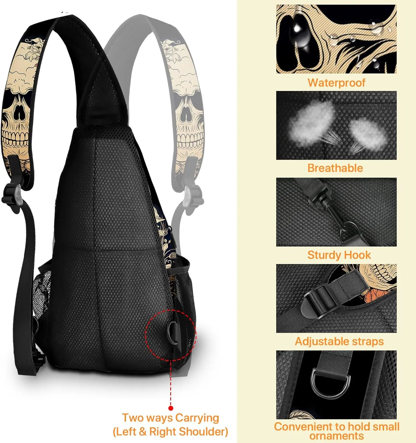 Skull Sling Bag travel Crossbody Backpack Casual Daypack for Women with Strap Lightweight Outdoor Hiking Climbing Runners