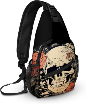 Skull Sling Bag travel Crossbody Backpack Casual Daypack for Women with Strap Lightweight Outdoor Hiking Climbing Runners